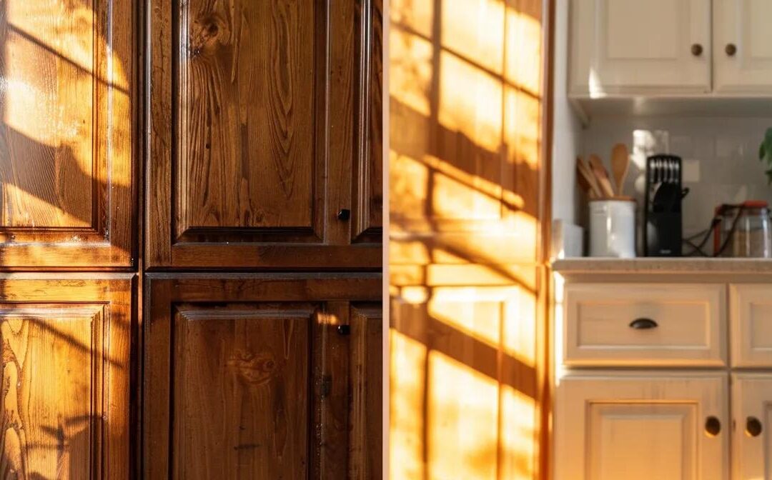 a beautifully restored cabinet, showcasing a glossy finish and rich wood tones, stands proudly in a sunlit kitchen, contrasting the unfinished, dull cabinetry on the opposite side, symbolizing the difference between diy efforts and professional expertise.