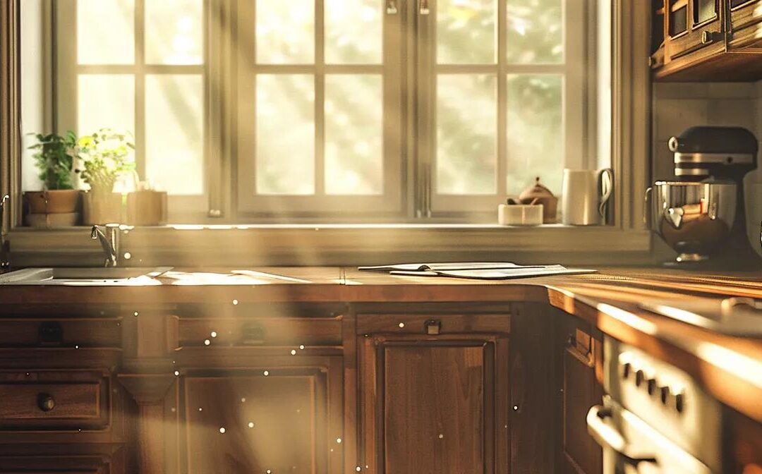 a beautifully restored kitchen featuring elegantly refinished cabinets, showcasing rich wood tones and a glossy finish, illuminated by warm, natural light pouring through a nearby window.