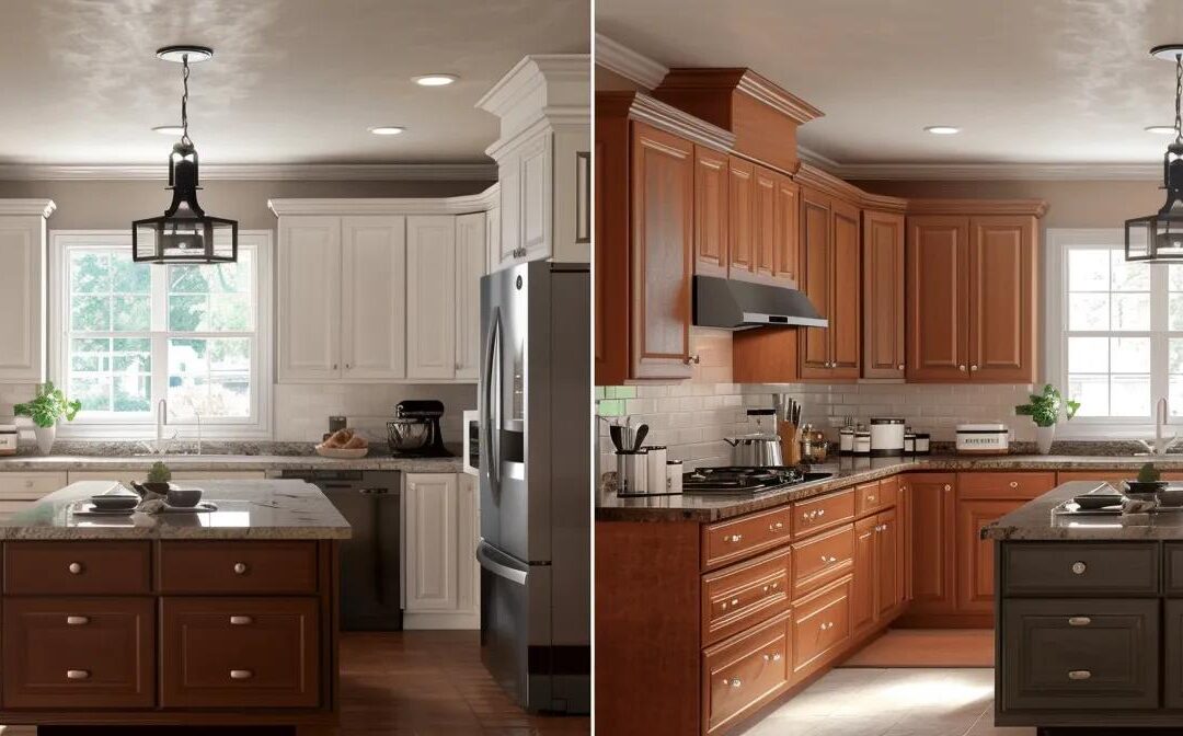 a beautifully transformed kitchen showcases elegantly refinished cabinets in a warm, inviting space, illuminated by soft, natural light that highlights the smooth, vibrant finishes.