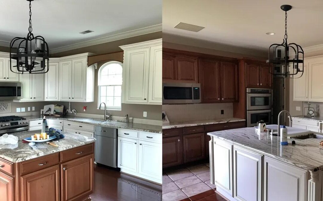 a beautifully transformed kitchen showcases elegantly refinished cabinets with a rich, glossy finish, basking in warm, natural light that highlights their stunning craftsmanship.