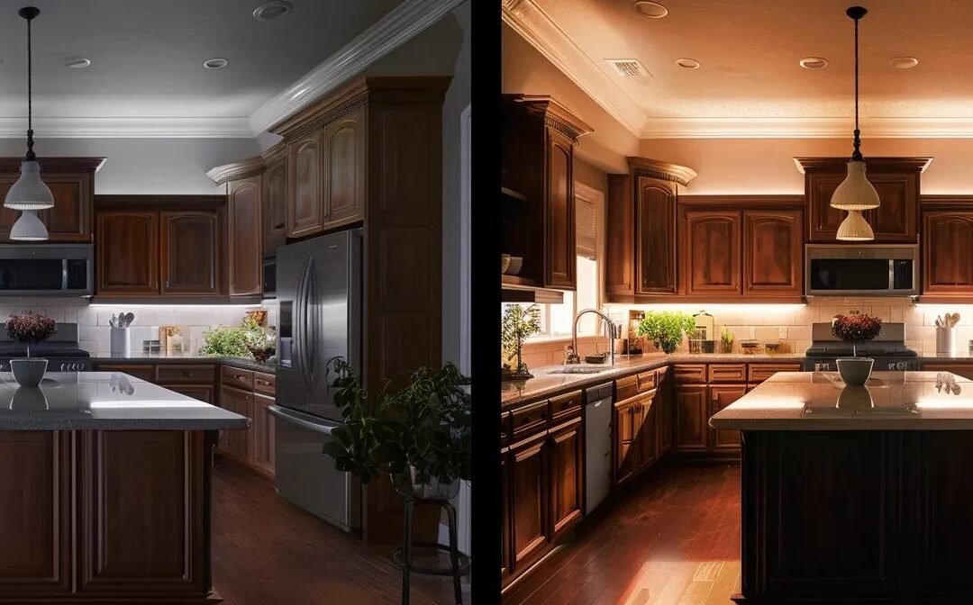 a beautifully transformed kitchen showcases elegantly refinished cabinets, radiating a rich mahogany hue under warm, inviting lighting, creating a stunning focal point that exudes craftsmanship and style.