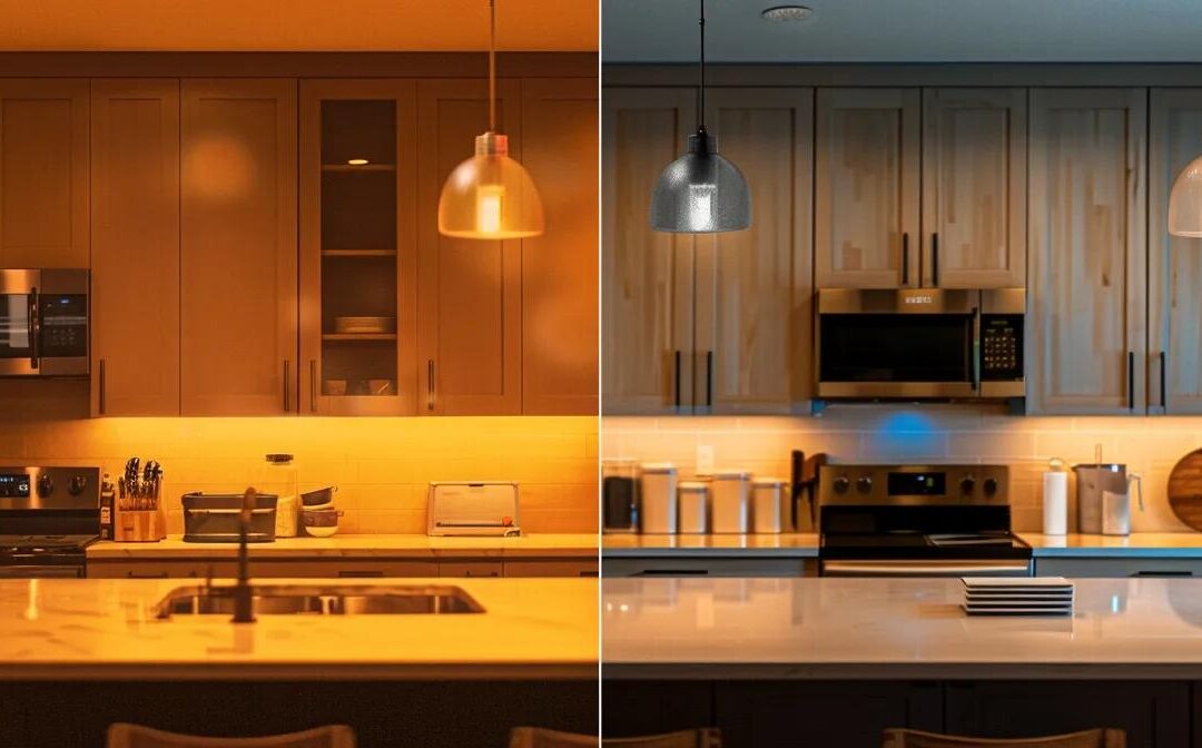 a beautifully transformed kitchen showcases expertly refinished cabinets, radiating a warm glow under soft pendant lighting, highlighting the intricate wood grain and vibrant colors against a backdrop of modern appliances.