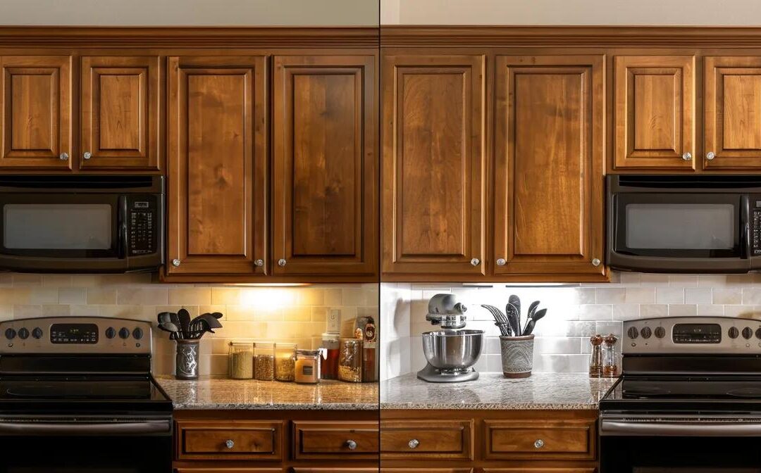 a beautifully transformed kitchen featuring freshly refinished cabinets in a rich, glossy finish, bathed in warm, natural light that highlights the elegant grain patterns and textures of the wood.