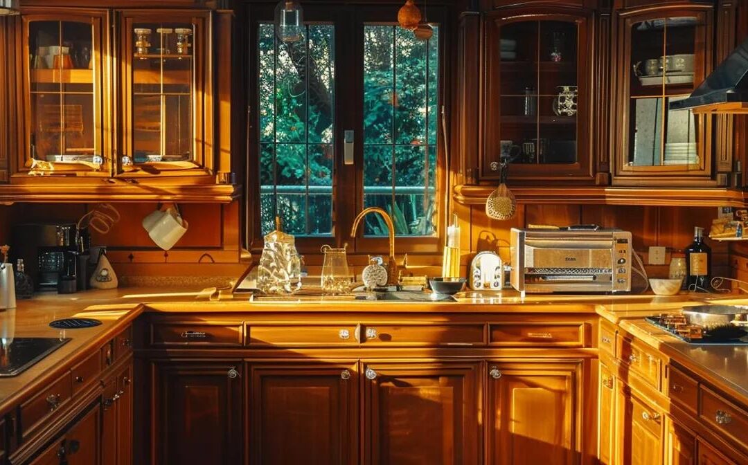 a beautifully transformed kitchen showcases newly refinished cabinets with a sleek, glossy finish, illuminated by warm ambient lighting that accentuates the rich wood grain and vibrant colors.