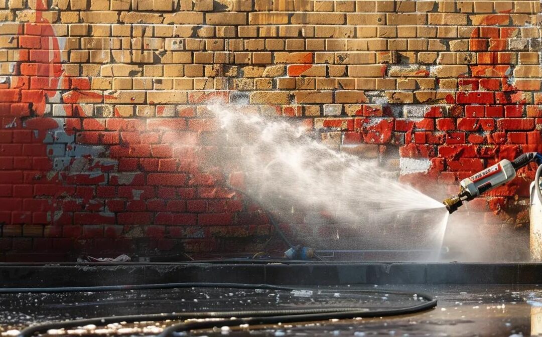 a dynamic scene capturing the dramatic contrast between a power washer blasting away stubborn grime from a vibrant brick wall, showcasing the powerful surge of water against a backdrop of traditional cleaning tools resting nearby.