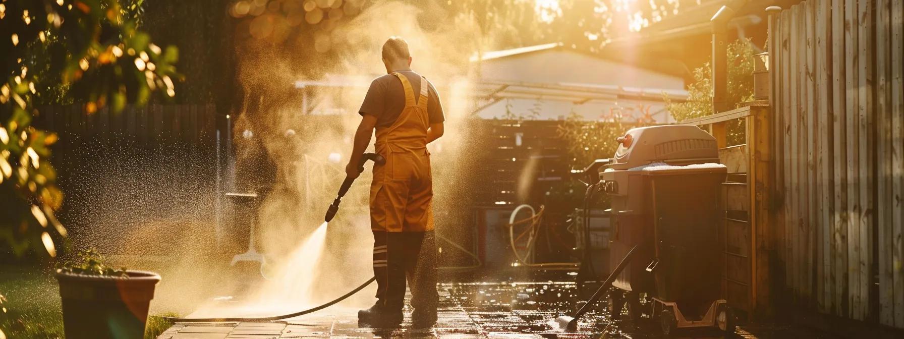 a professional power washer, clad in bright protective gear, stands confidently in a sunlit backyard, surrounded by sparkling clean surfaces, symbolizing the importance of safety and expertise in diy cleaning efforts.