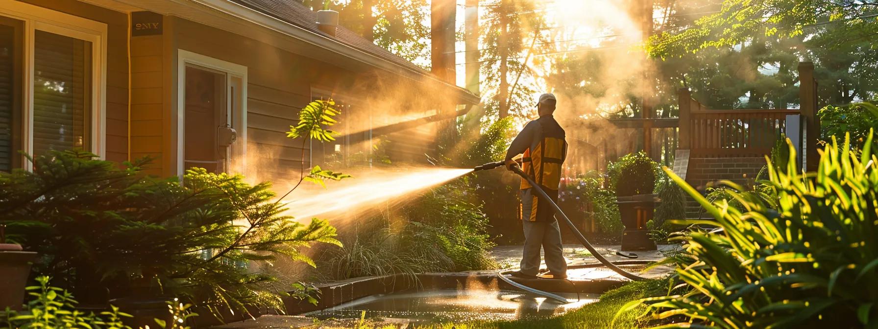 a vibrant scene captures a professional power washing service in action, showcasing an eco-friendly technician using sustainable cleaning agents on a home's exterior, with lush greenery in the background emphasizing environmental stewardship.