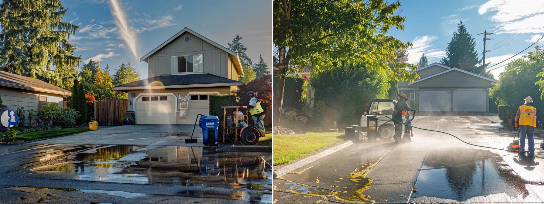 a vibrant split-scene depicting the contrasting efficiency of a professional power washing team on one side, rapidly removing dirt from a home exterior with specialized equipment under clear sunlight, contrasted with a weary homeowner on the other side, mired in the tedious process of a diy power washing effort surrounded by cluttered cleaning supplies in a shaded driveway.