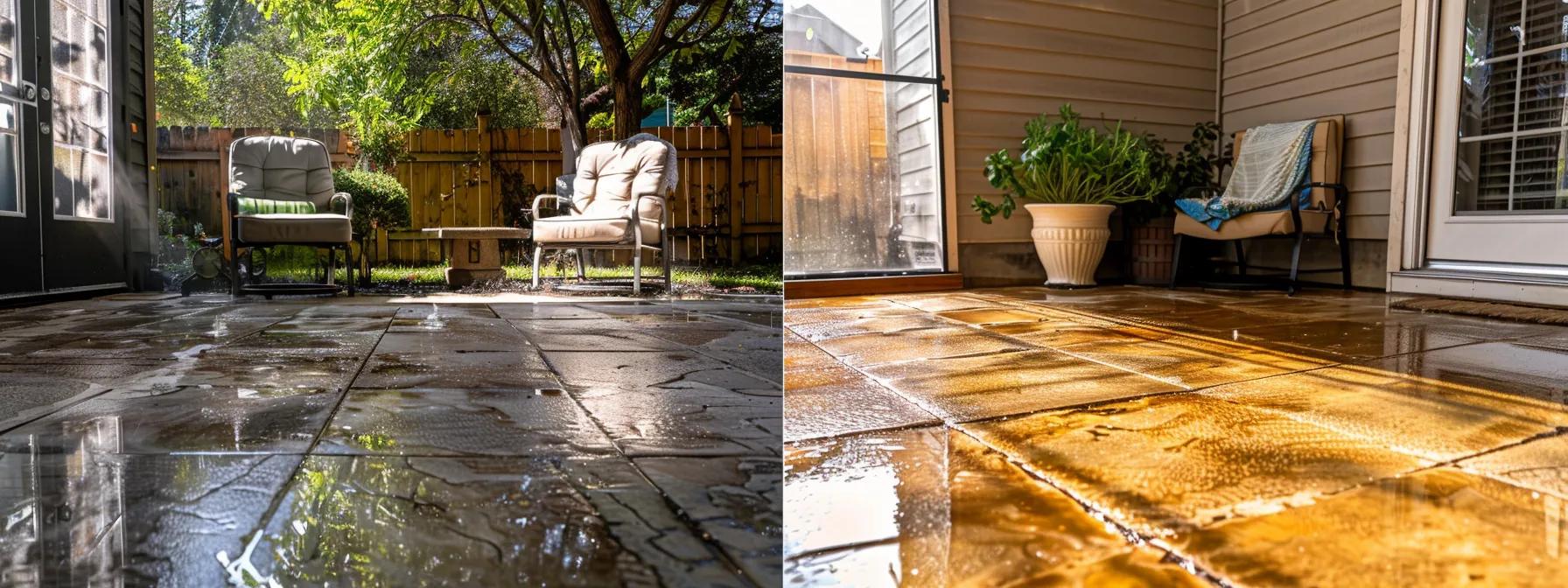 a vivid split-image comparing a gleaming, professionally power-washed patio on one side with a streaked, diy-cleaned surface on the other, illuminated by bright sunlight to emphasize the differences in cleanliness and quality.