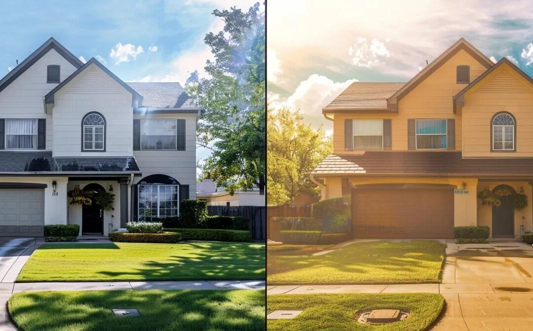 a dramatic side-by-side comparison of a pristine, professionally power-washed home gleaming under the sunlight, contrasted with a dull and stained diy-treated façade, highlighting the superior results of expert cleaning services.