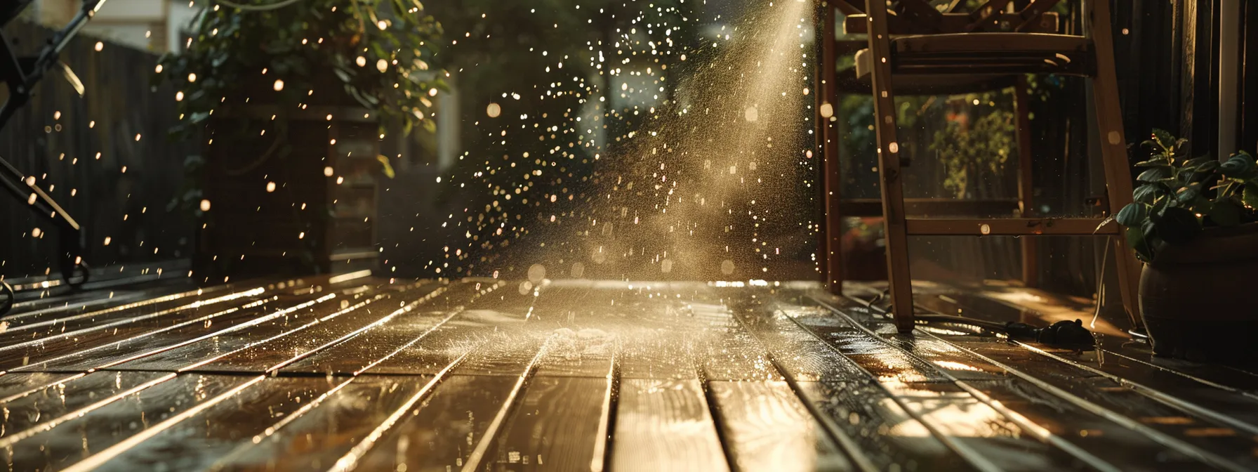 a dynamic power washing scene captures a professional cleaning a vibrant wooden deck, with a powerful jet of water effectively removing dirt while sunlight sparkles off the freshly cleaned surface.