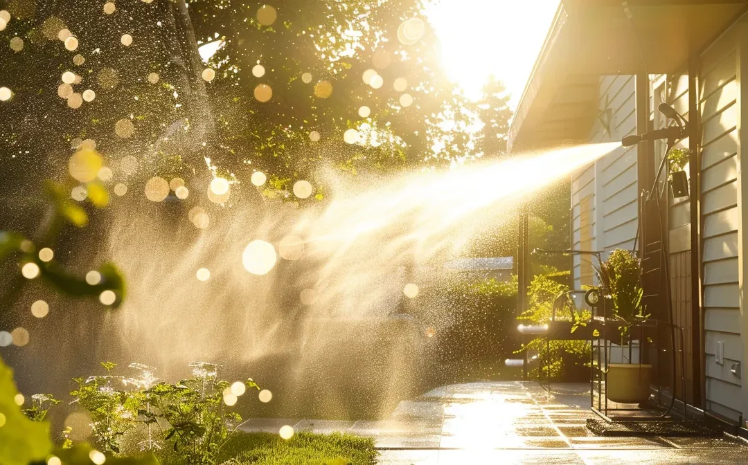 a dynamic scene showcasing a gleaming home exterior, with powerful water jets blasting away dirt and grime, highlighting the effectiveness of professional power washing services under bright sunlight.