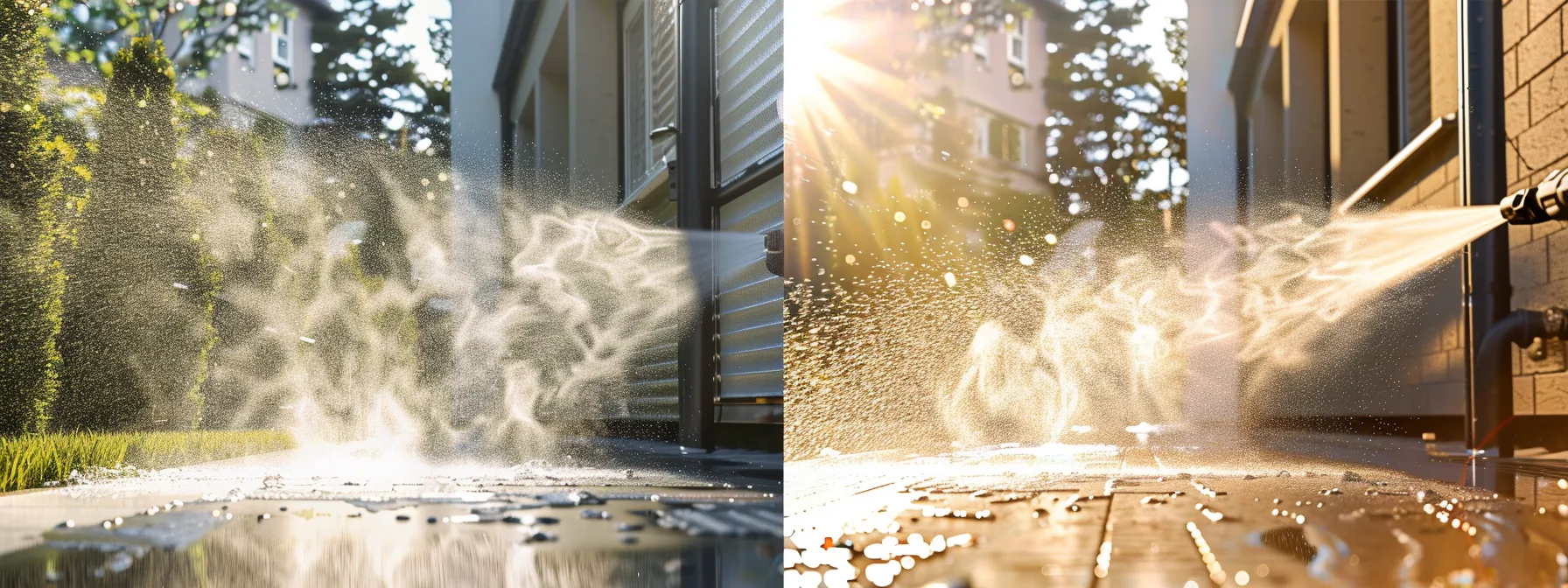 a dynamic split image showcases the contrasting techniques of power washing and pressure washing, highlighting powerful jets of water in vibrant action against a backdrop of sparkling clean surfaces, under bright sunlight that emphasizes their effectiveness in removing grime and mildew.