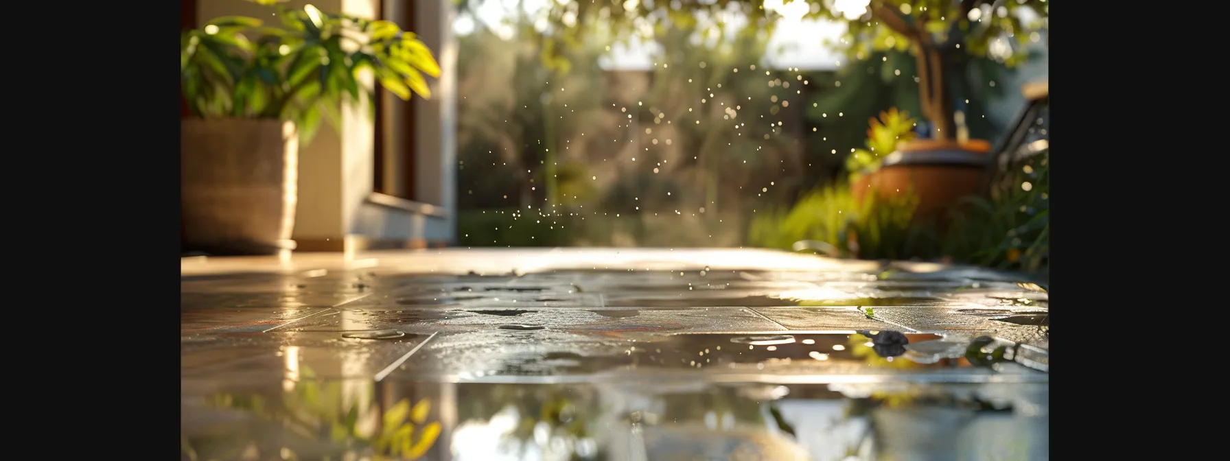 a gleaming, freshly power-washed patio glistens under the warm afternoon sun, emphasizing the stark contrast between its pristine surface and the surrounding dirt-streaked areas, reflecting the cost-effective choice of pressure washing for property maintenance.