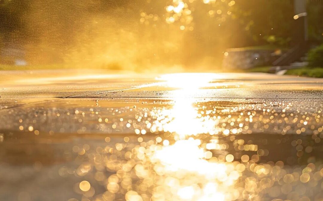 a gleaming, freshly power-washed driveway sparkles under the warm sunlight, showcasing vibrant, rejuvenated textures that highlight the transformative power of cleaning services.