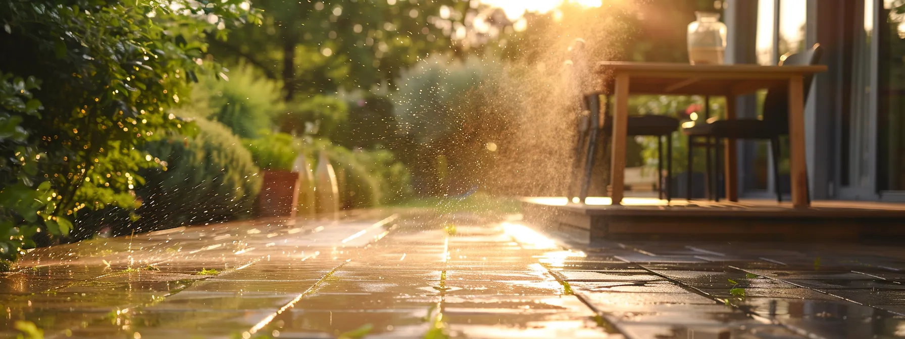 a gleaming, freshly washed patio glistens under the warm sunlight, showcasing the transformative power of pressure washing as vibrant greenery frames the scene, emphasizing its effectiveness and safety in outdoor cleaning.