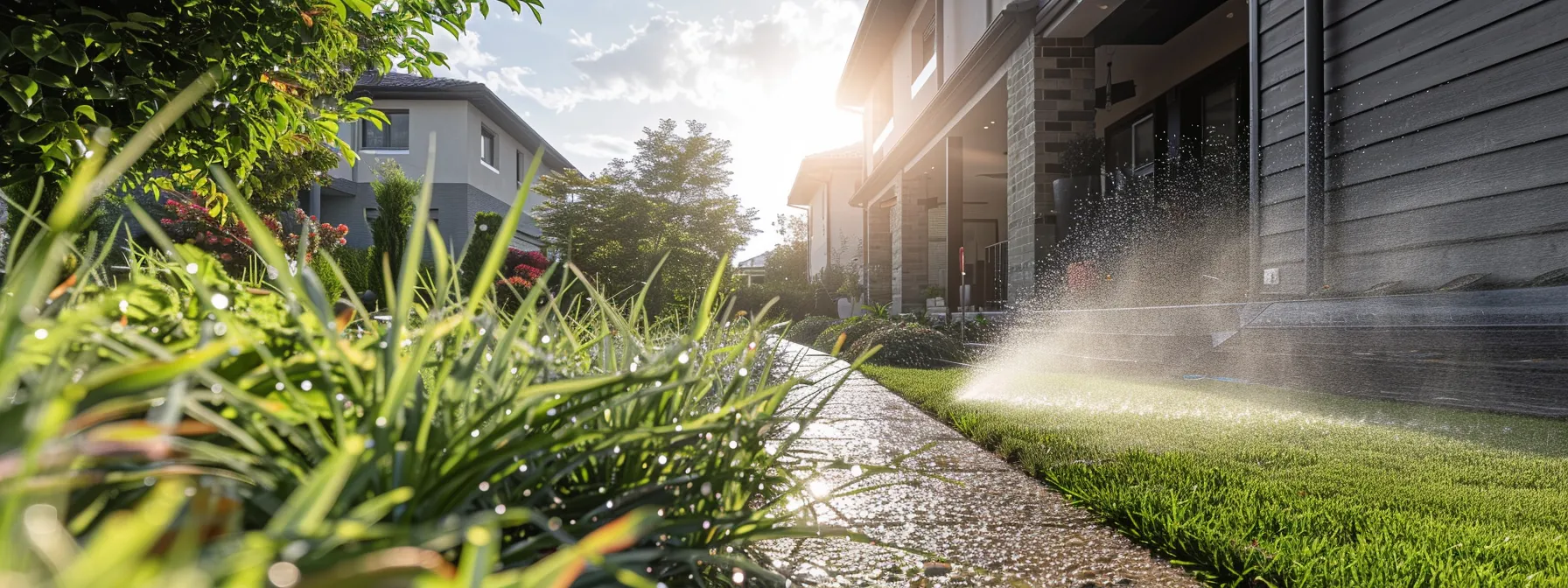 a gleaming residential exterior, freshly pressure washed with a cascade of sparkling water, highlighting the stark contrast between its revitalized surfaces and the lush green environment, all illuminated by soft afternoon sunlight.