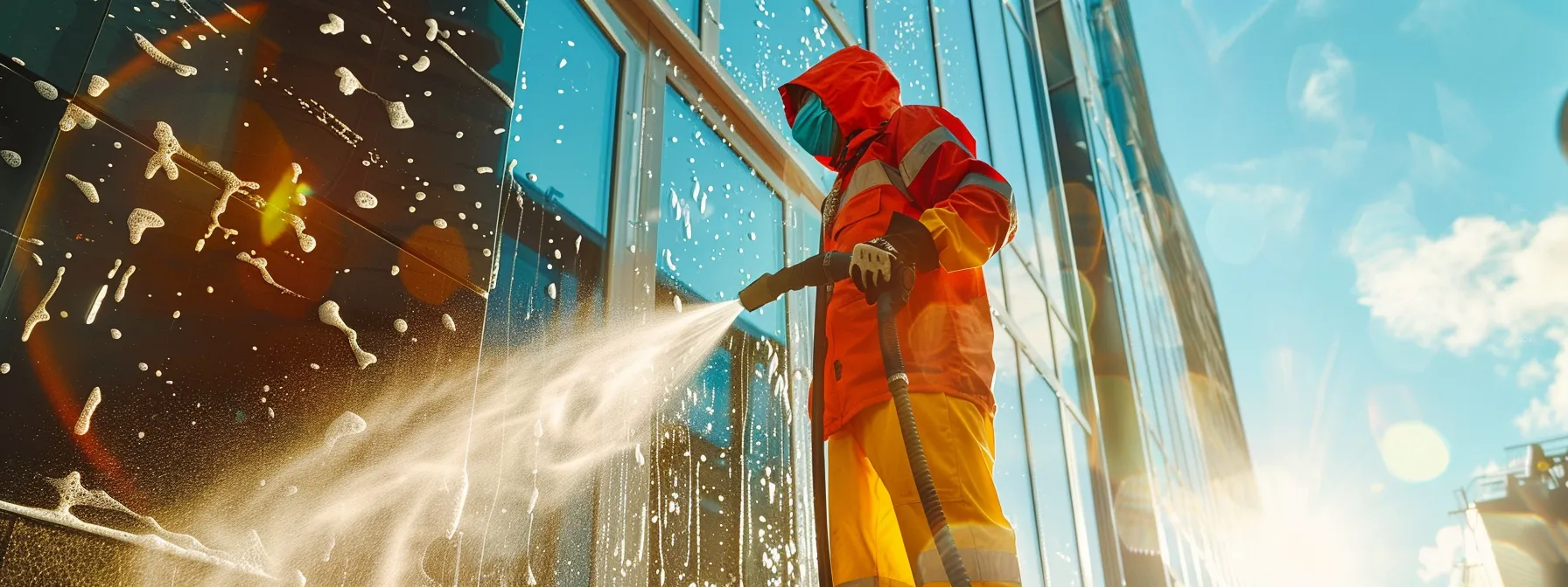 a power washer in vibrant safety gear, efficiently cleaning a gleaming surface under bright sunlight, exemplifying the essential safety protocols and precautions required for effective outdoor maintenance.