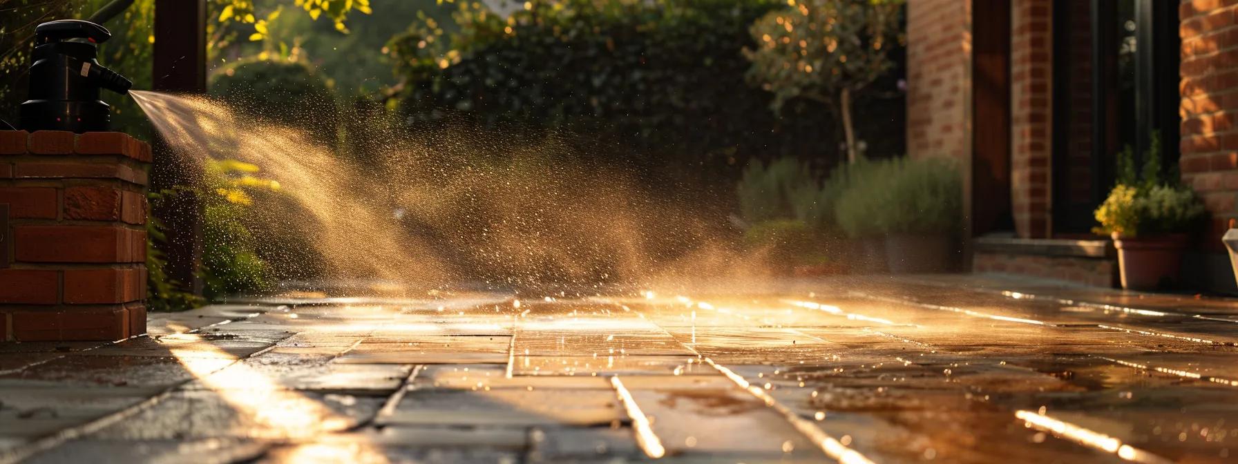 a powerful jet of water streams from a sleek power washer, effortlessly blasting away dirt and grime from a vibrant patio under the warm glow of a late afternoon sun.