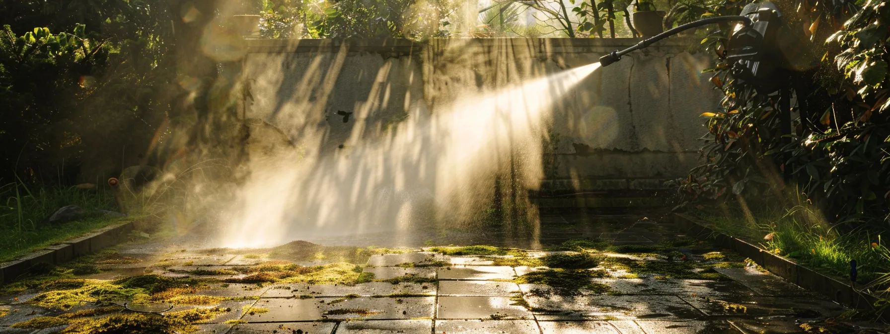 a powerful pressure washer shoots high-velocity water jets against a green and mossy patio, dramatically revealing the stark contrast between the clean surface and the grime, accentuated by golden sunlight filtering through trees.