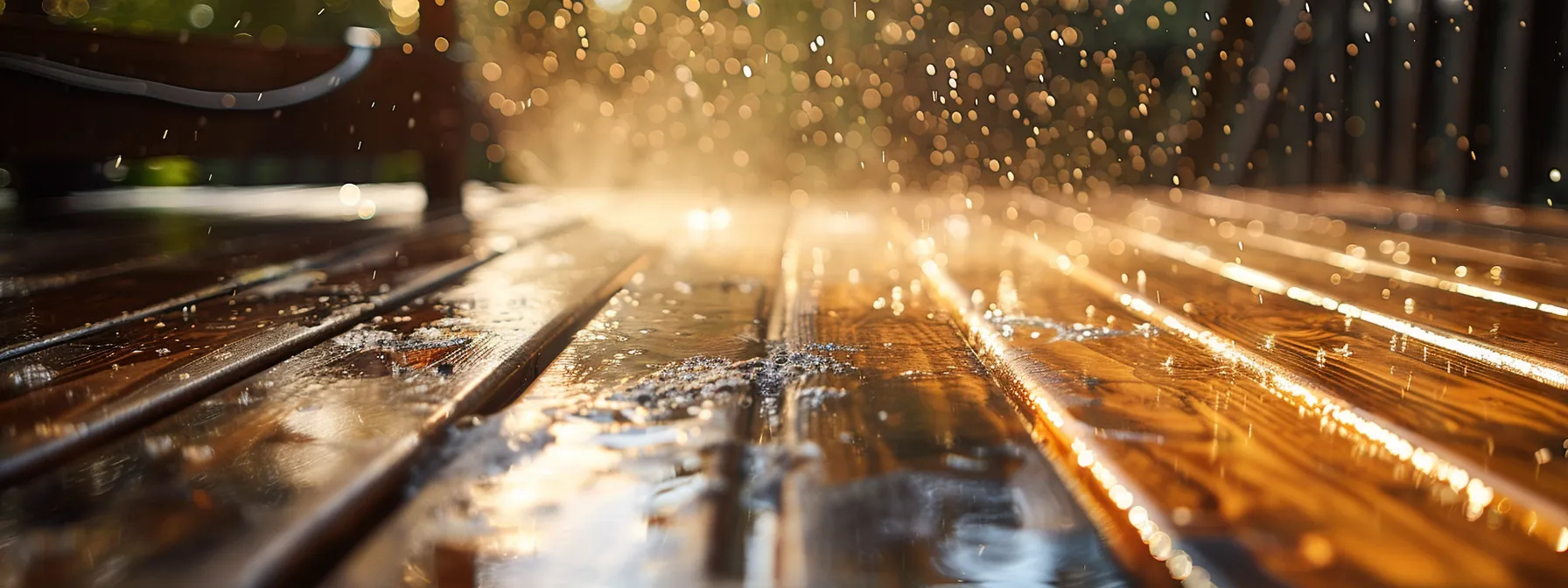 a powerful pressure washer sprays a cascade of water over a vibrant wooden deck, revealing its rich texture and natural beauty while effectively removing stubborn moss and dirt.