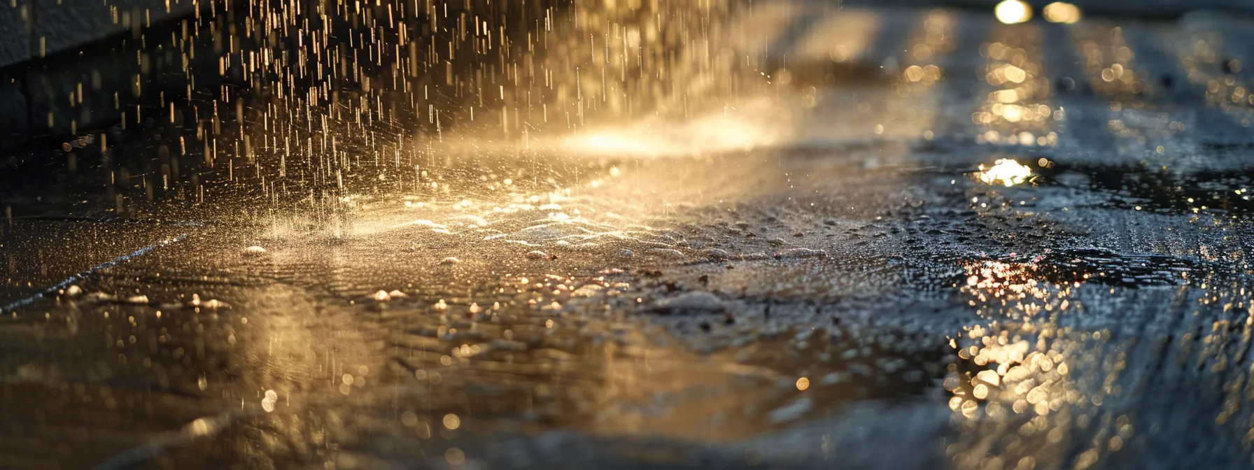 a powerful stream of water from a vibrant power washer cleanses a weathered driveway, showcasing the stark contrast between the pristine surface and the lingering stubborn stains, illuminated by the warm afternoon sun.