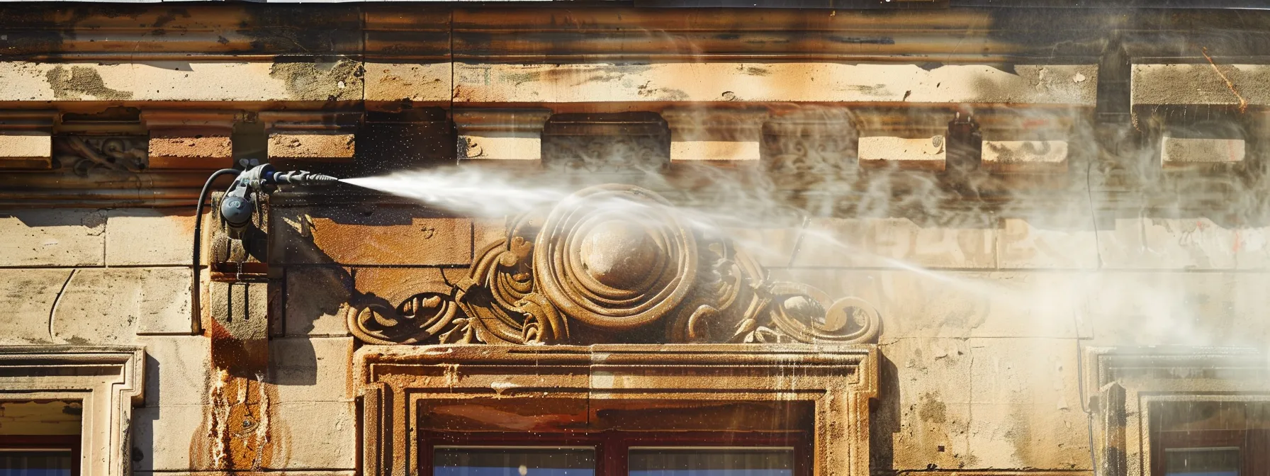 a professional power washing service transforms a weathered building facade into a pristine surface, under bright midday sunlight that highlights the gleaming results of their meticulous work.