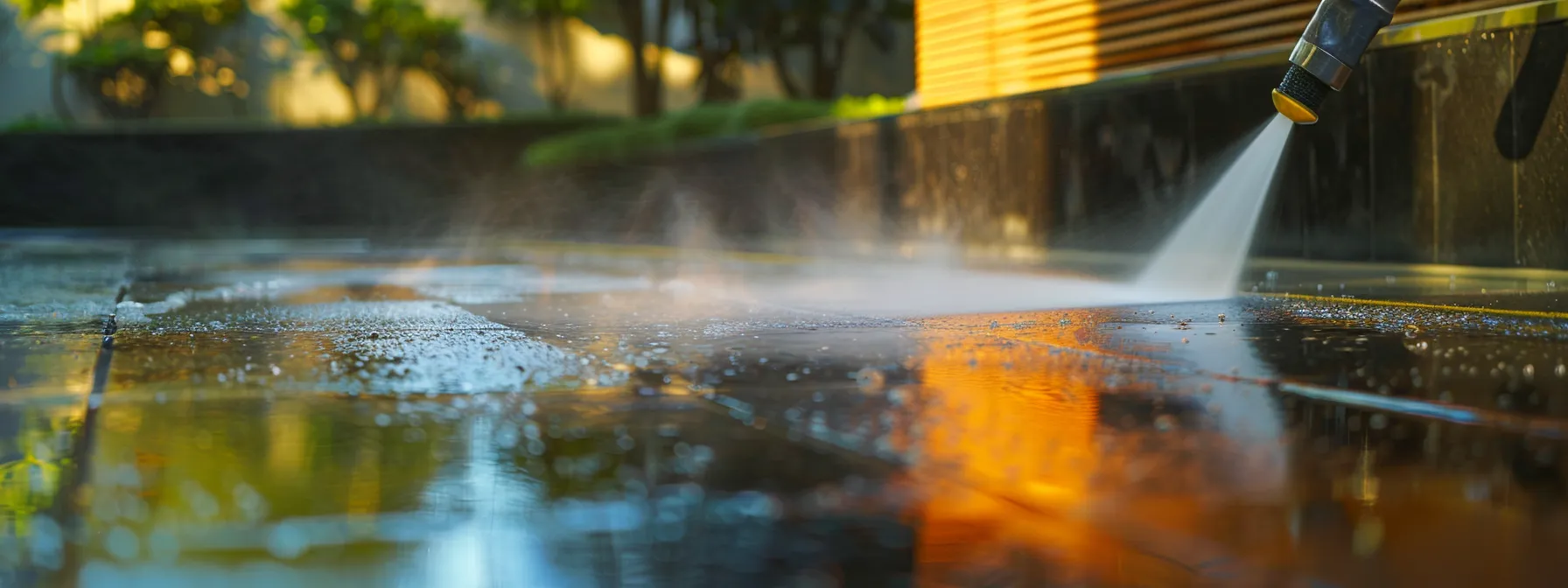 a radiant power washing service in action, showcasing a sparkling clean surface with vibrant colors, surrounded by glowing customer reviews and testimonials framed elegantly in the background.