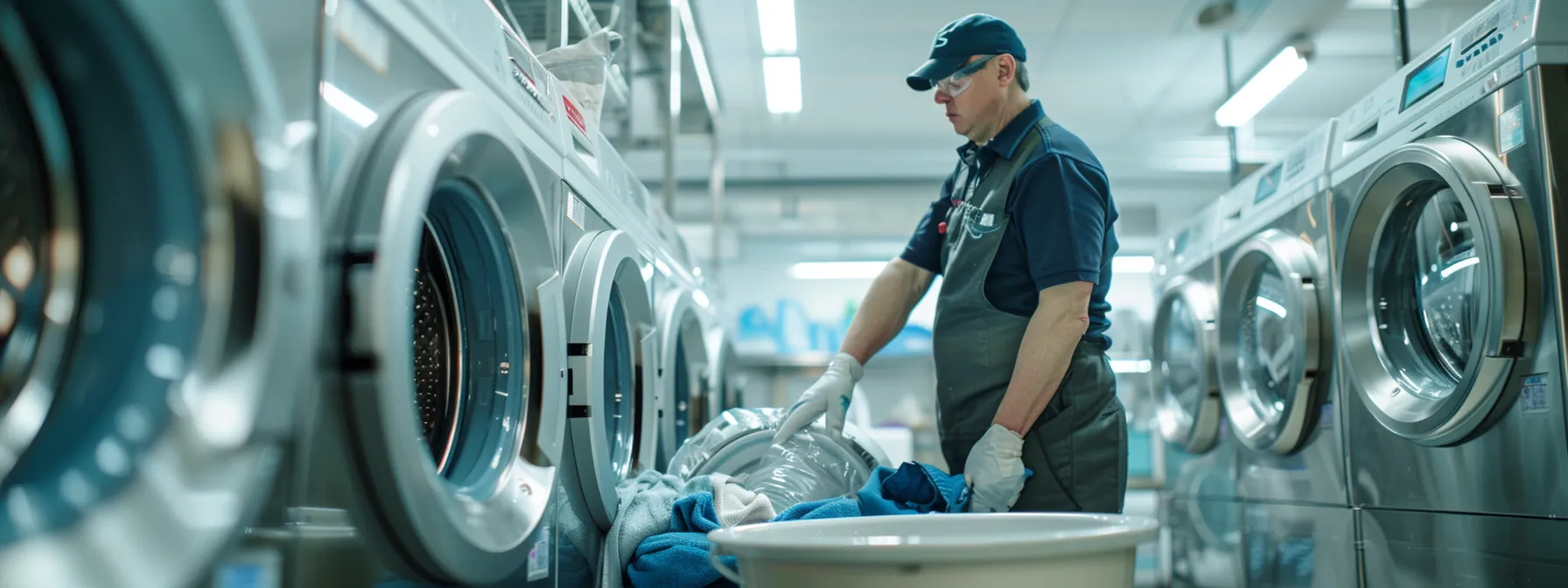 a skilled technician expertly operates a powerful washer, surrounded by sparkling clean surfaces that reflect a commitment to environmentally friendly practices and professional excellence in service.