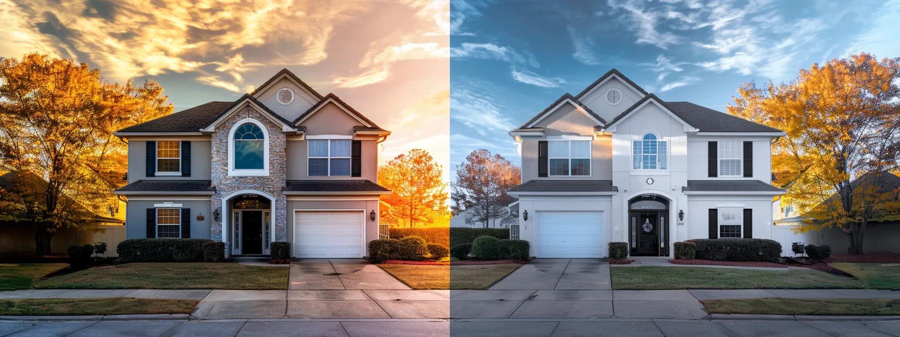 a vibrant before-and-after scene of a home's exterior, showcasing the dramatic transformation from a mold-covered surface to a spotless, gleaming facade, illuminated by soft, natural sunlight to emphasize the health benefits of eco-friendly power washing.