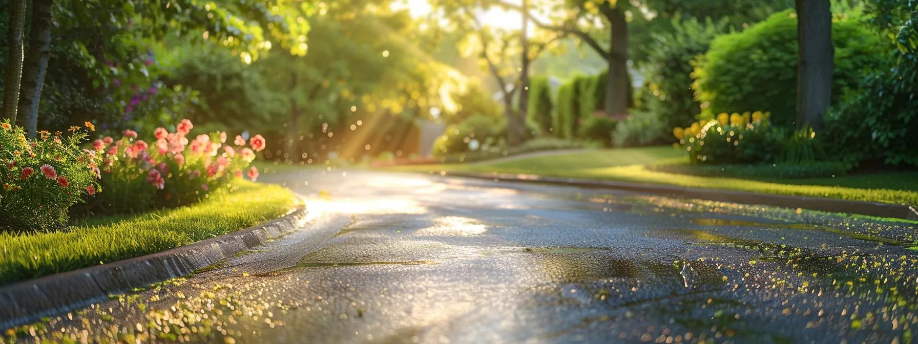 a vibrant residential driveway gleams under the afternoon sun after a thorough power washing, showcasing safe, slip-free walkways surrounded by lush greenery and blooming flowers.