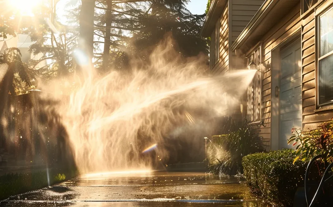 a vibrant scene captures a gleaming residential exterior being revitalized by an efficient power washing service, with water spraying energetically against sunlit surfaces, showcasing the dramatic transformation of cleanliness and shine.