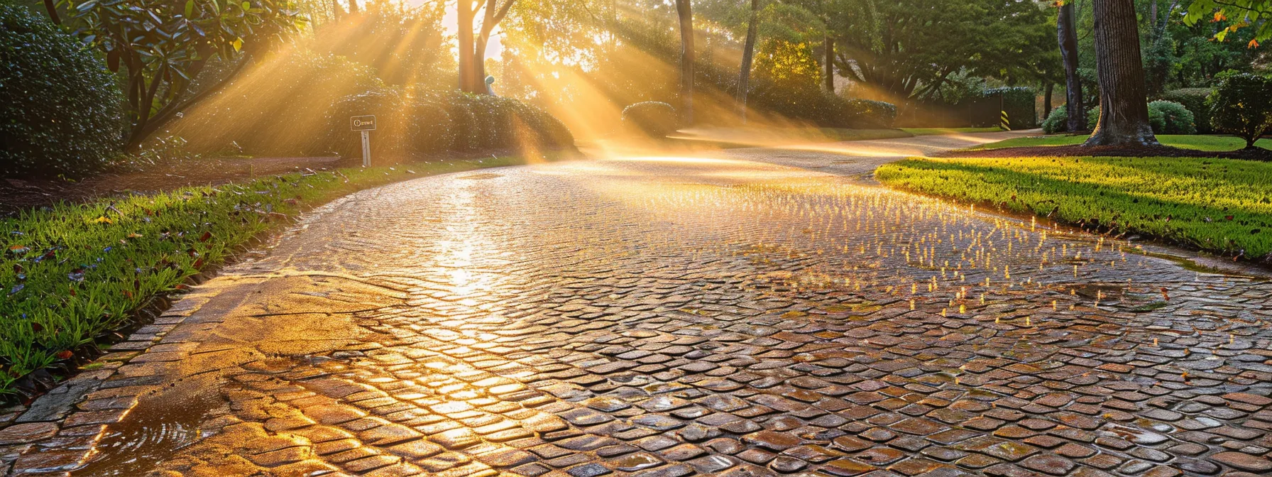 a vibrant, sunlit driveway showcases the dramatic transformation where power washing has removed stubborn stains and mildew, highlighting the effectiveness of heated water on surfaces.