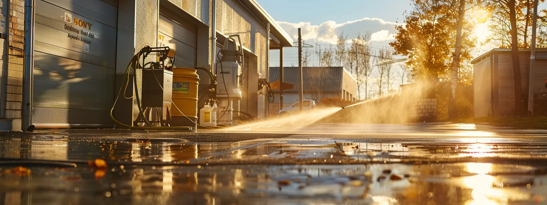 a vibrant, sunlit exterior scene showcases a power washing service in action, with sparkling clean surfaces and a clear display of transparent pricing options on a nearby signage board, emphasizing the contrast between before and after the wash.