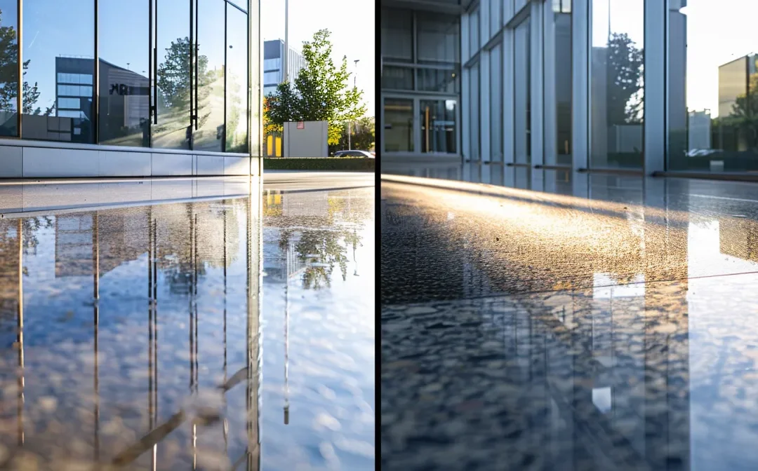 an impressive side-by-side comparison of a pristine, pressure-washed surface glistening in the sunlight versus a dull, traditional cleaning area, highlighting the transformative power of modern cleaning services.