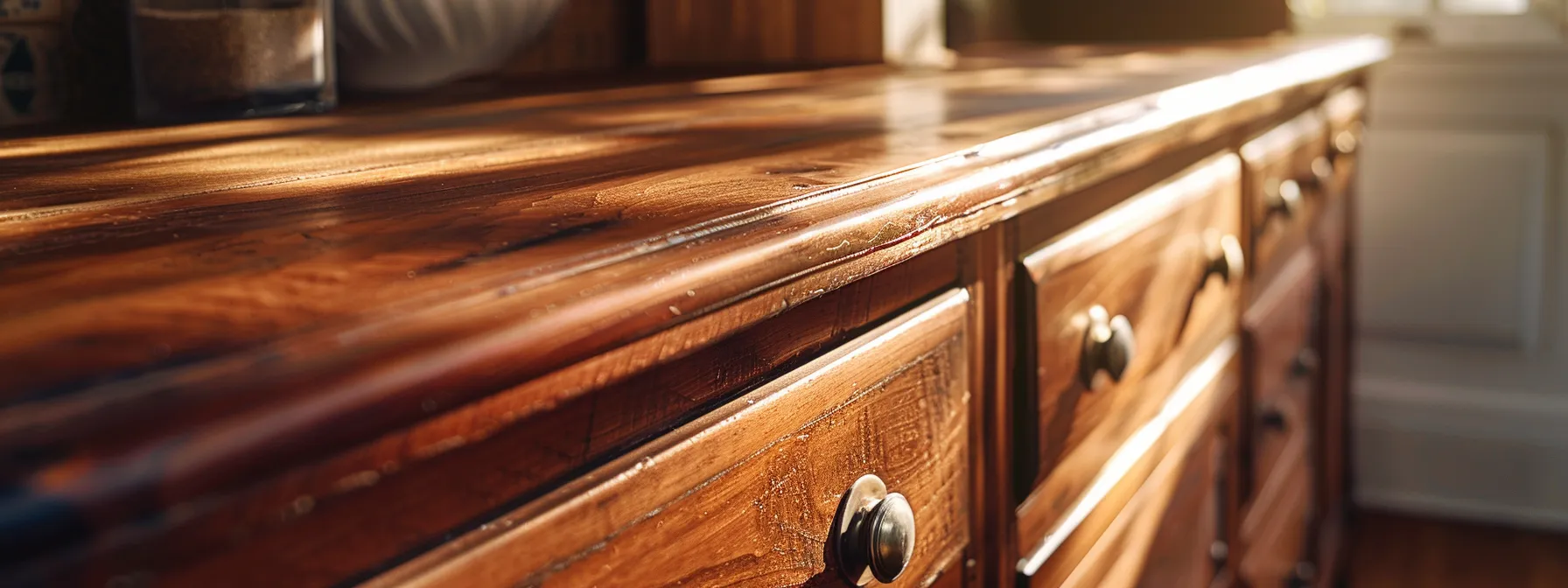 a beautifully refinished cabinet gleams under soft, natural light, showcasing rich, even tones and a flawless surface, symbolizing the triumph over common refinishing challenges.