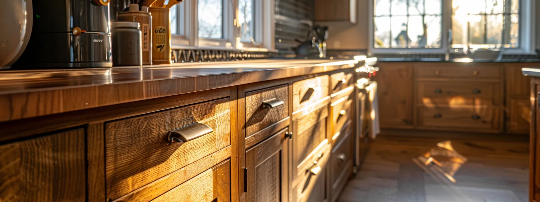 a beautifully refinished kitchen cabinet, showcasing a seamless blend of rich wood stain and glossy paint, illuminated by warm natural light filtering through a nearby window, highlighting the flawless craftsmanship and inviting atmosphere.