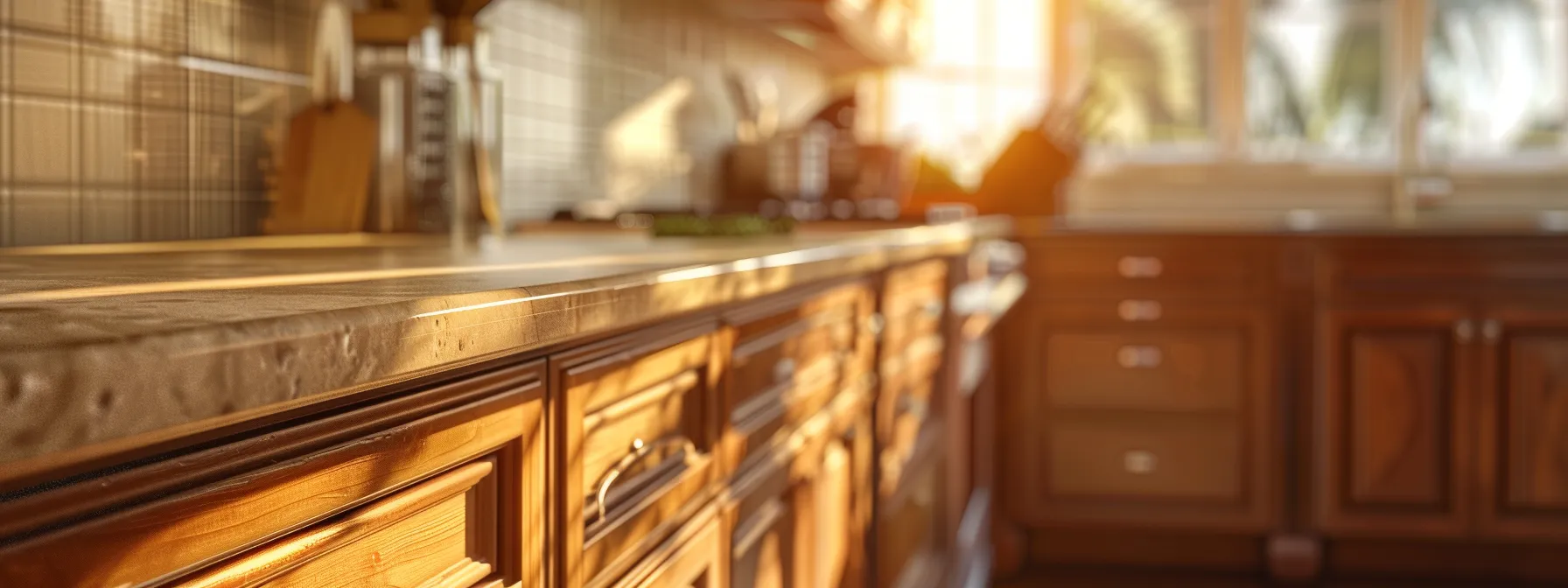 a beautifully refinished kitchen cabinet glistens under soft, warm lighting, showcasing its rich, deep color and smooth finish, embodying the essence of expert craftsmanship and dedication to detail.