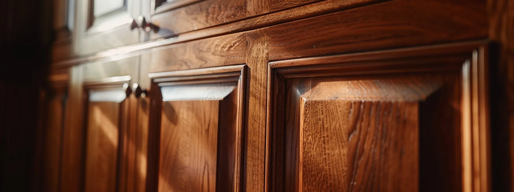 a beautifully refinished wooden cabinet showcases a rich, deep color and a flawless, glossy finish, illuminated by soft, natural light that highlights the smooth texture and elegant grain pattern.