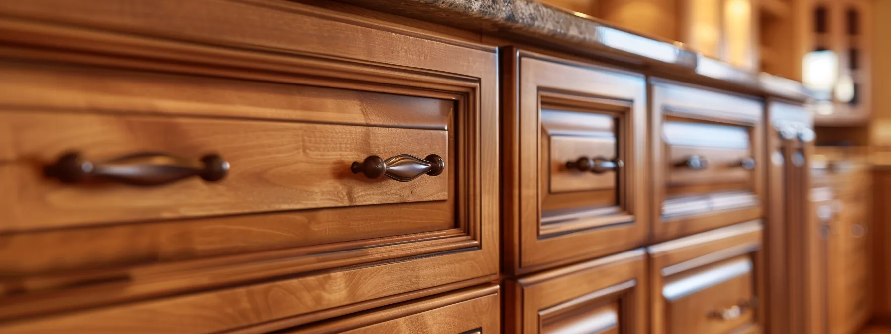 a beautifully restored kitchen showcases sleek, refinished cabinets glistening under soft, ambient lighting, highlighting the smooth satin finish achieved through meticulous cleaning, sanding, and priming techniques.