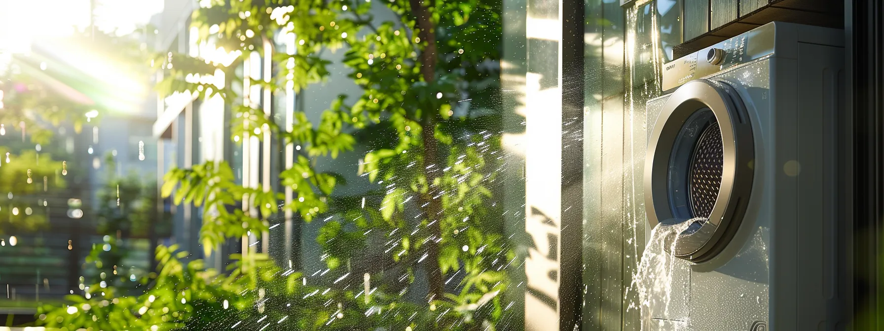 a dynamic shot captures a powerful washing machine in action, spraying a cascade of crystal-clear water onto a commercial building’s facade, revealing its refreshed and vibrant surfaces under bright sunlight.