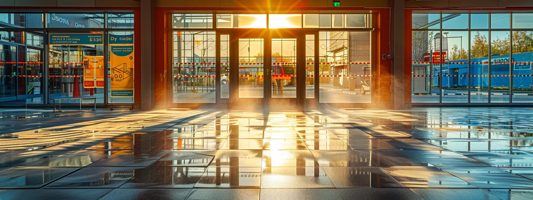 a gleaming storefront, transformed by a professional power washing service, showcases vibrant colors and spotless surfaces under bright, golden sunlight, embodying the essence of cleanliness and professionalism.