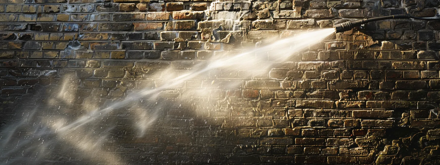 a powerful jet of water streams from a high-pressure power washer, gleaming in the sunlight as it effortlessly removes grime from a brick wall, showcasing the precision and effectiveness of expert cleaning techniques.