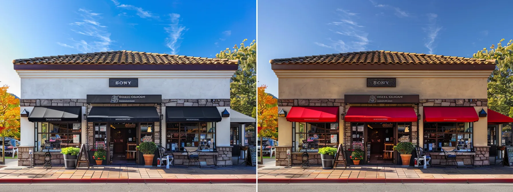 a striking before-and-after comparison showcases a vibrant storefront transformed by expert power washing, emphasizing the dramatic enhancement in curb appeal and cleanliness under bright afternoon sunlight.