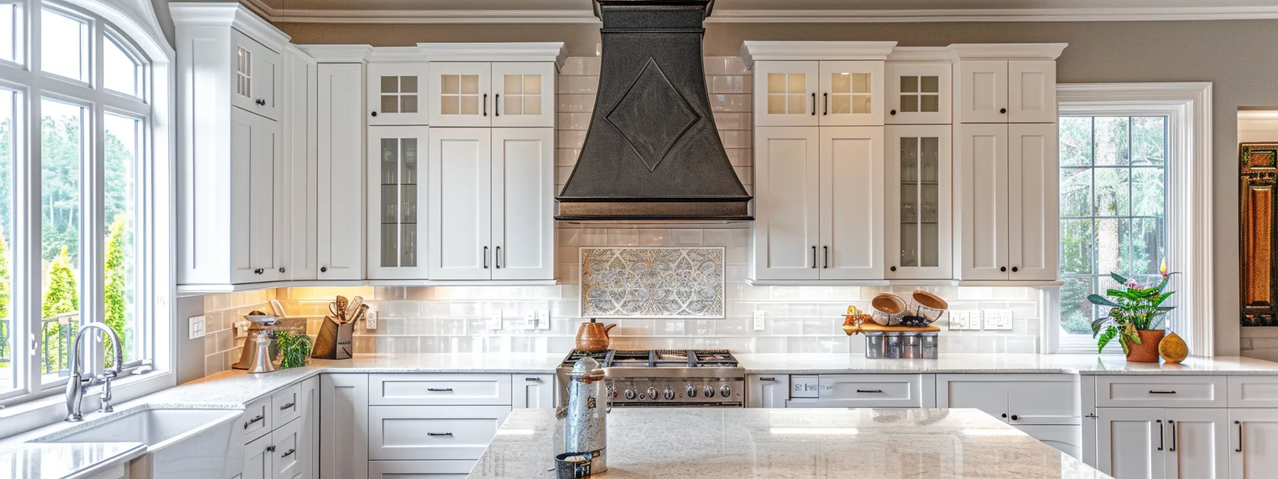 a stunning kitchen scene showcases elegantly refinished cabinets in trending colors, highlighting the transformation with a warm, inviting ambiance and soft natural light casting gentle shadows.