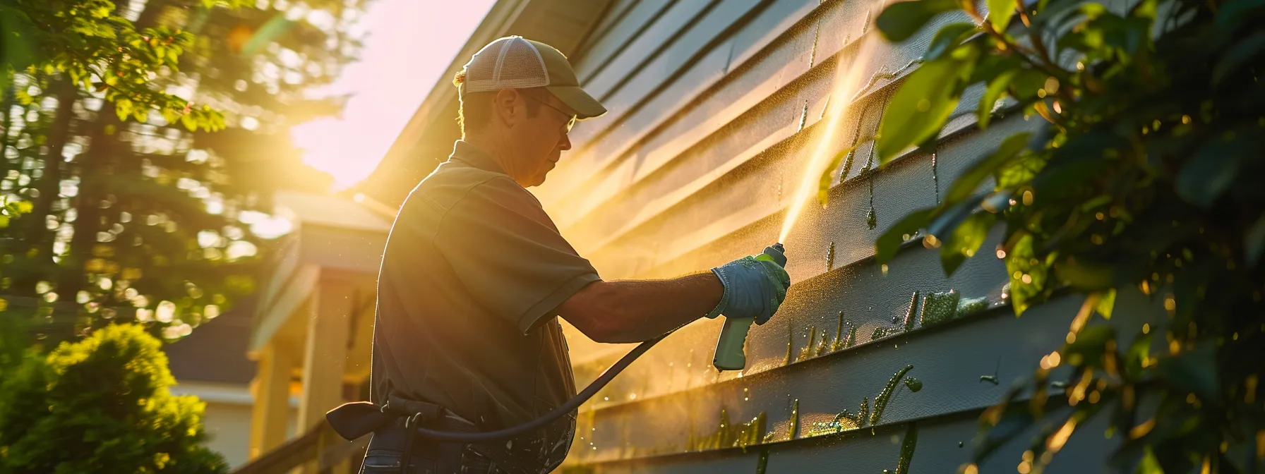 a vibrant and eco-friendly power washing scene showcases a technician applying biodegradable detergents to a pristine vinyl siding, with lush greenery in the background, illuminated by soft, natural sunlight to highlight the cleaning process.