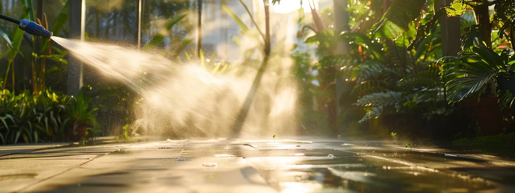 a vibrant eco-friendly power washing scene showcases a pristine outdoor surface being rejuvenated with minimal water use, surrounded by lush greenery, under soft golden sunlight that highlights the contrast between sustainability and environmental impact.