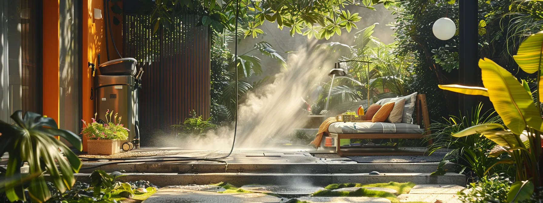 a vibrant outdoor scene showcasing an eco-friendly power washing setup, where a technician skillfully applies biodegradable cleaning solutions to a patio, surrounded by lush greenery, emphasizing safety and environmental responsibility under bright, natural sunlight.