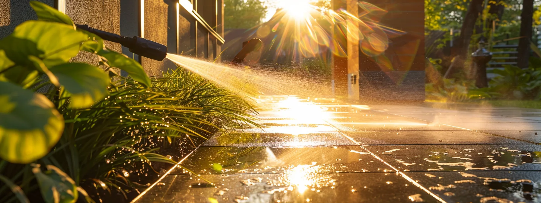 a vibrant outdoor setting showcases a gleaming patio, gleaming under the sun, as a powerful jet of water from a traditional power washer effectively cleans the surface, emphasizing the contrast between the pristine clean and the surrounding lush greenery.